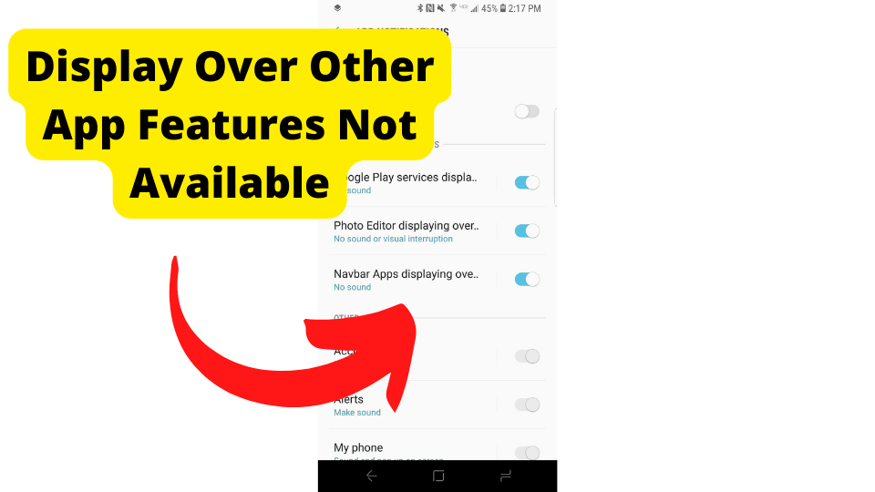 display over other app features not available