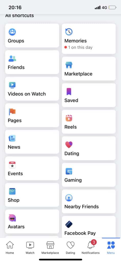 facebook menu mobile